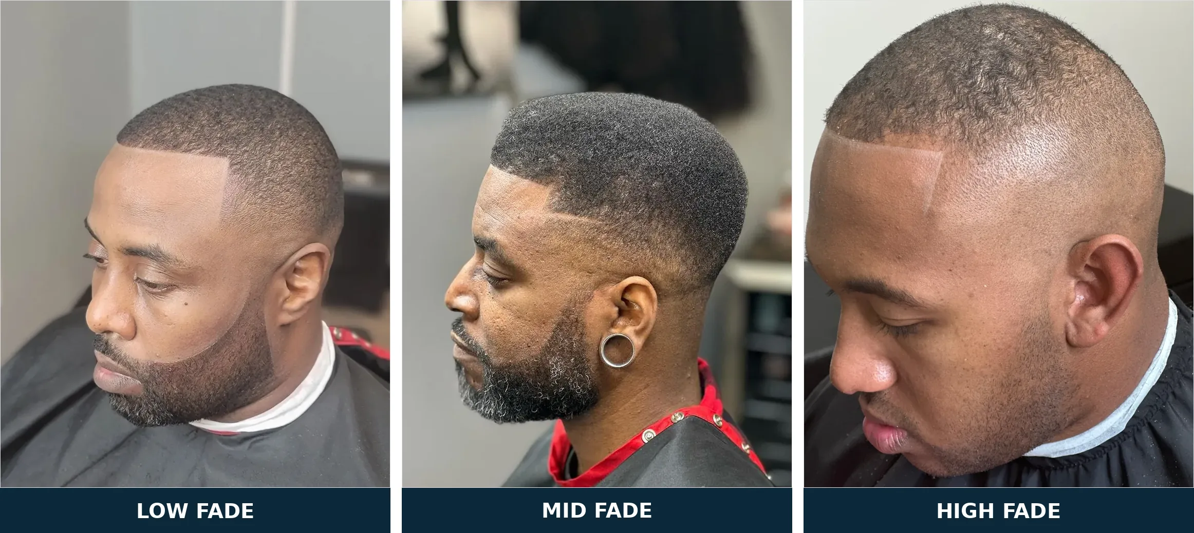 Low fade, mid fade, and high fade shown side by side, each labeled, by Clifton Al-Hakeem in Owings Mills